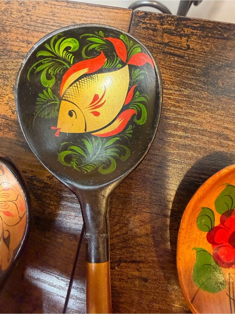 Hand-Painted Black and Gold Wooden Decorative Spoons Set of 5
